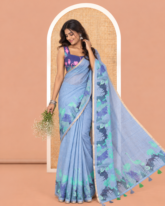 Grey Plain Linen Cotton Saree