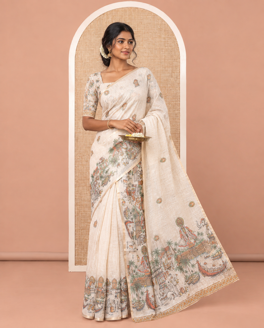 Cream Tissue Saree Features Kerala Culture Print, a Zari Border, Kerala Culture Pallu, and Matching Blouse