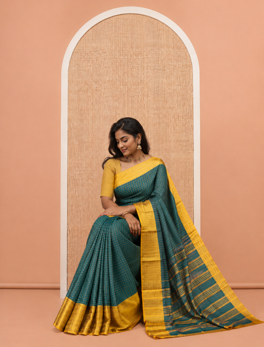 Green-Yellow Semi-Soft Silk Saree, Adorned with Plus-Shaped Buttas, Complemented by a Contrast Border, Striped Pallu, and a Contrast Blouse