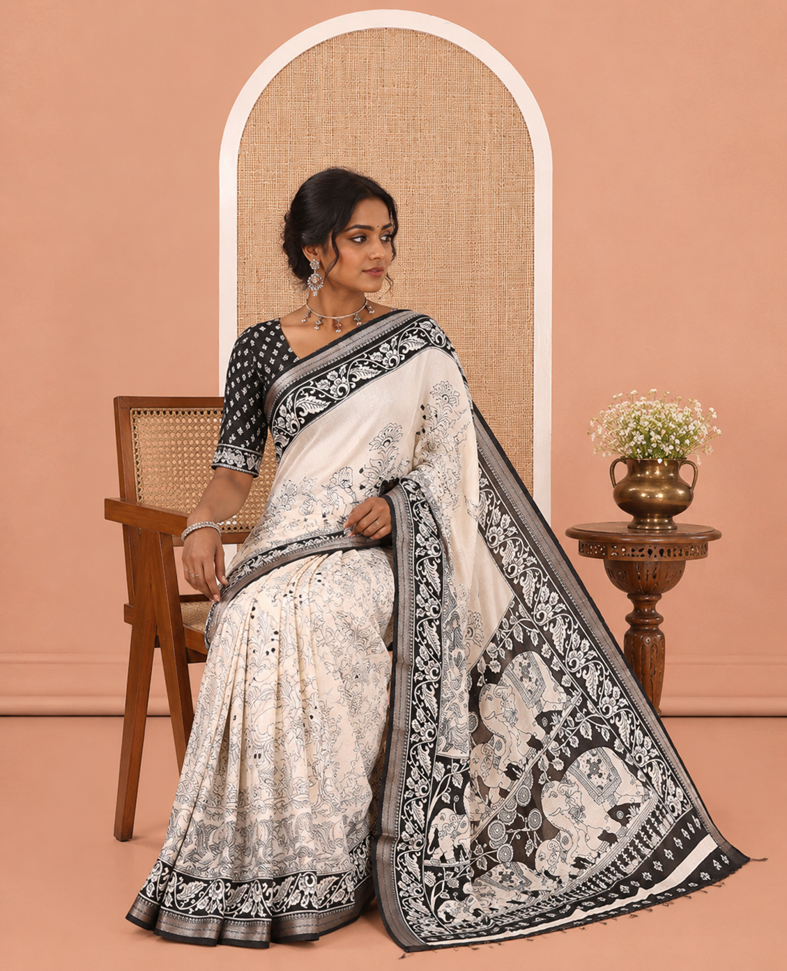 Cream-Black Kalamkari Printed Moss Chiffon Saree, a Contrast Border, a Contrast Blouse