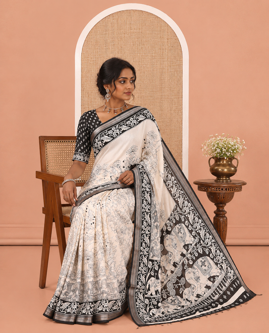 Cream-Black Kalamkari Printed Moss Chiffon Saree, a Contrast Border, a Contrast Blouse