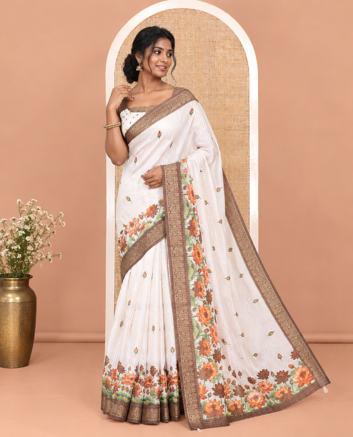 Cream-Brown Semi-Tussar Saree Features Checks and Floral Print, a Contrast Border, and a Matching Blouse