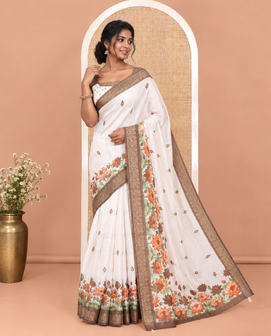 Cream-Brown Semi-Tussar Saree Features Checks and Floral Print, a Contrast Border, and a Matching Blouse