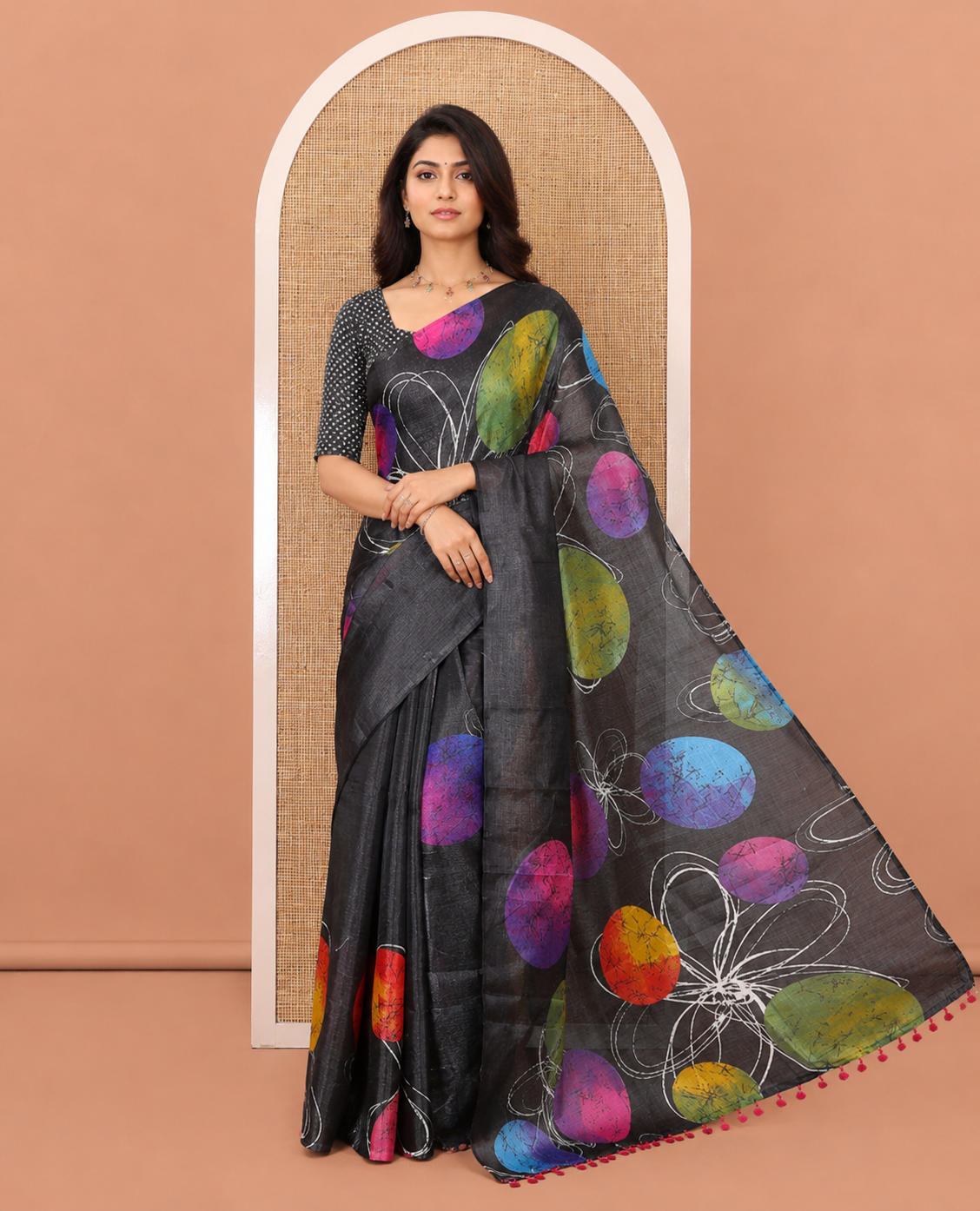 Borderless Black and Pink Khadi Cotton Saree, Accentuated with Big Circles Motifs, Floral Motifs, and Batik Print on Its Body, Self-Printed Pallu, and Paired with a Matching Printed Blouse