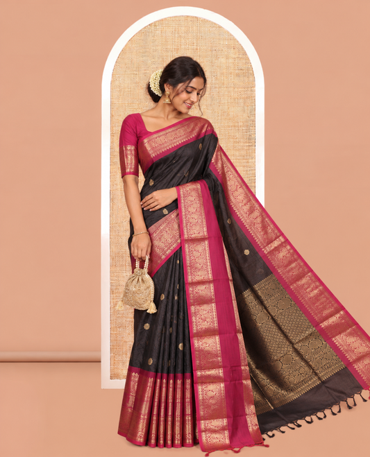 Black Semi-Katan Silk Saree