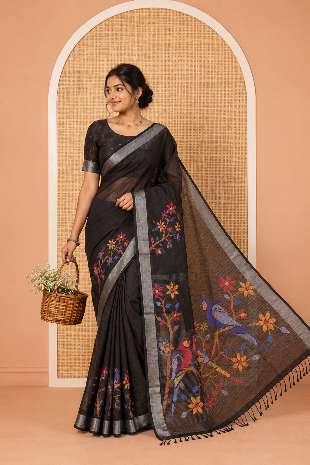 Black Linen Cotton Saree, Masterfully Designed with a Pair of Macaw Parrots Print, a Subtle Zari Border, Pallu of Macaw Parrots, and Paired with a Matching Blouse