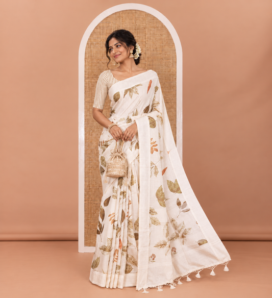 Off-White unique size and shaped leaf motifs printed fancy tussar saree, resham thread woven border, leaf motifs printed pallu, and a matching striped blouse