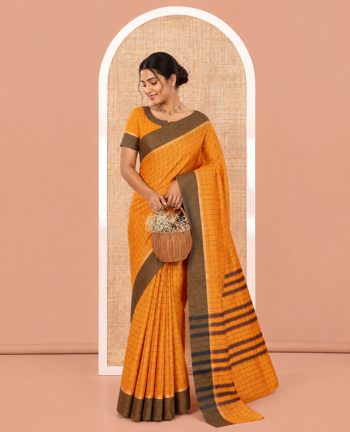 Orange Checked Mercerised Cotton Saree, Contrast Temple Ara Maadam Border, Striped Pallu, and Matching Blouse
