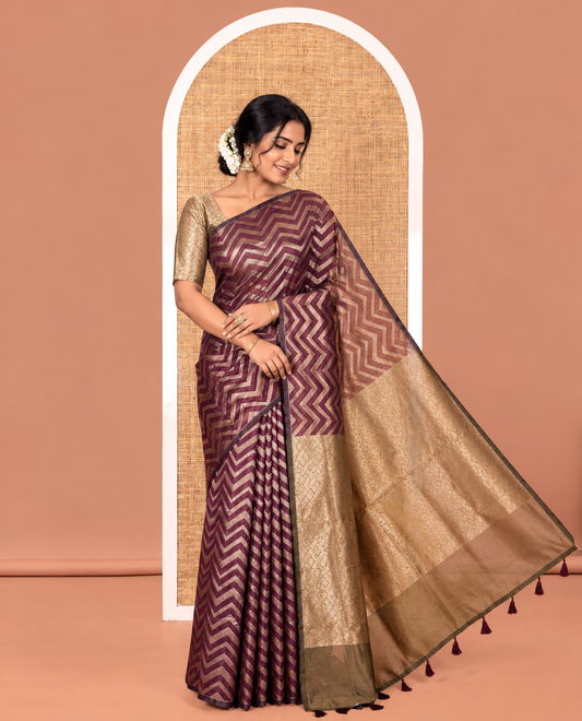 Borderless Purple Chanderi Cotton Saree, Elevated with Chevron Zari Stripes on Its Body, Complemented by Contrast Intricate Jaal Pallu, and Paired with Contrast Blouse