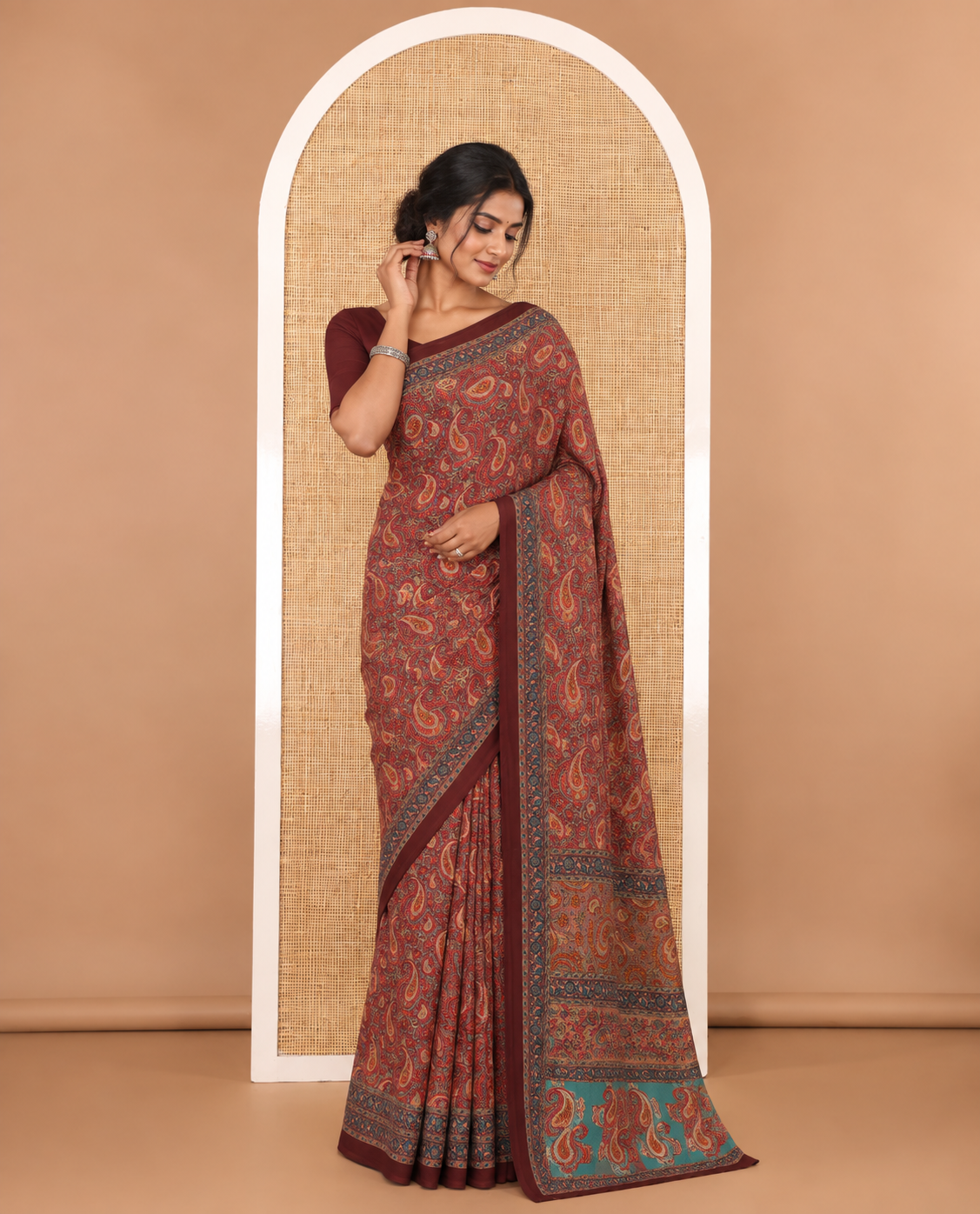 Maroon paisley design mill printed kimaya saree, plain border & paisley printed pallu