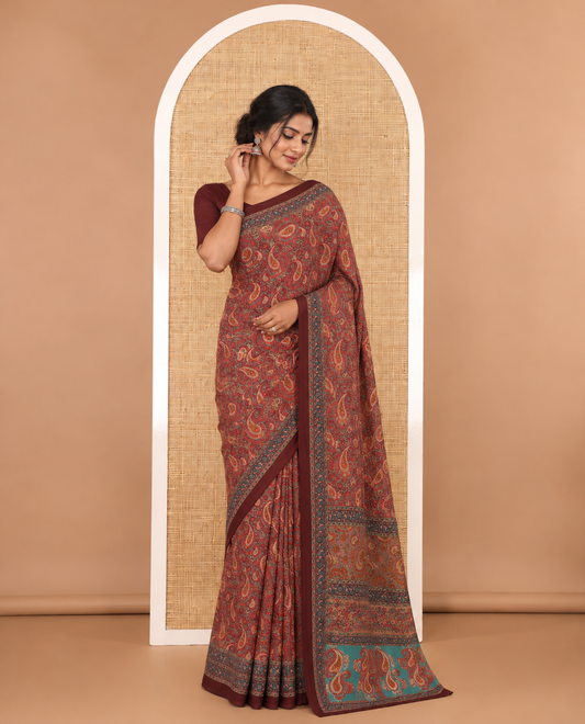 Maroon paisley design mill printed kimaya saree, plain border & paisley printed pallu