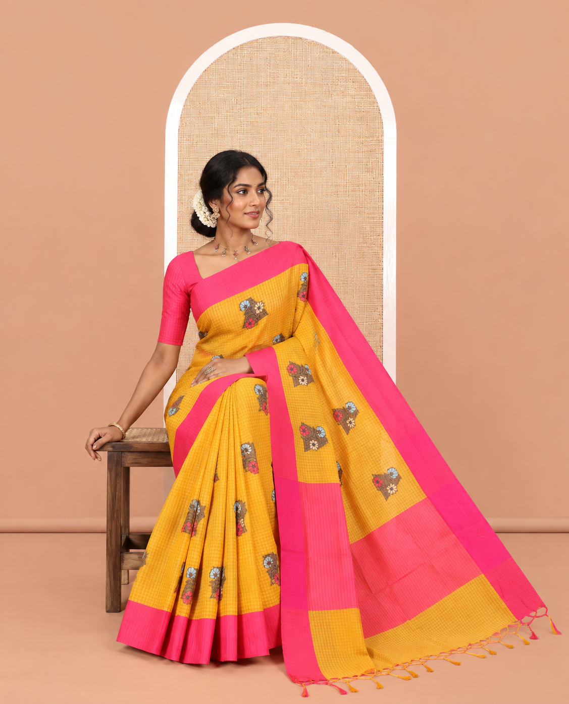 Yellow Kota Chex Saree Features Floral-Triangle Thread Weave, a Contrast Border, and a Matching Blouse