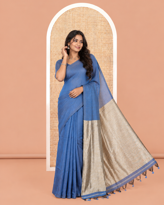 Borderless Blue Plain Khadi Cotton Saree
