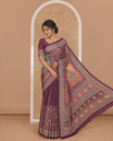Purple floral-paisleys printed and mirror work masakali saree, printed border, printed and mirror work pallu, and a matching printed blouse