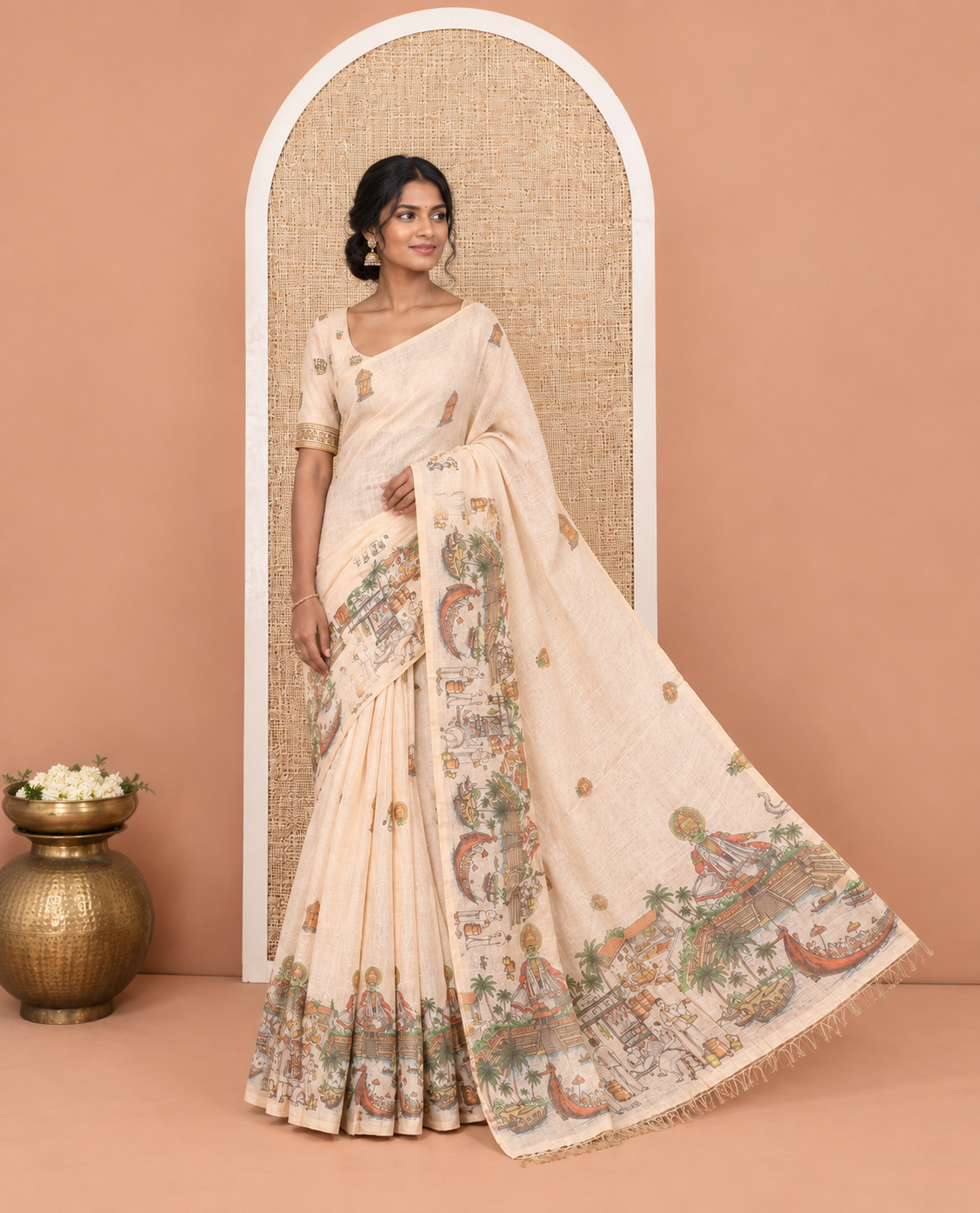 Gold Tissue Saree Features Kerala Culture Print, a Zari Border, Kerala Culture Pallu, and Matching Blouse