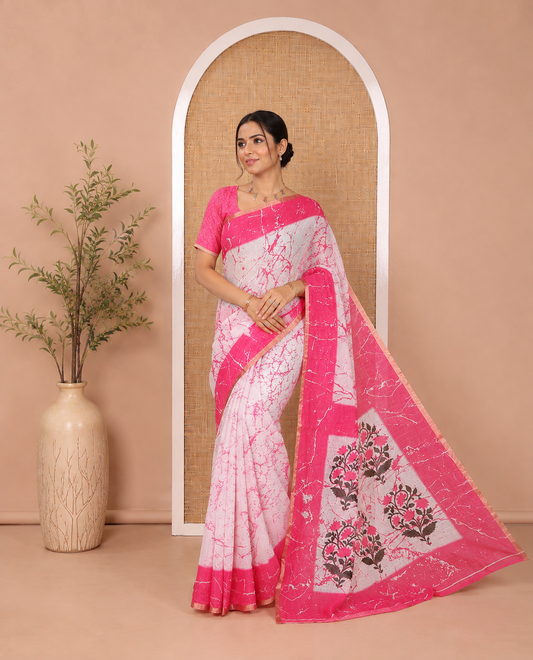 Cream and Pink Linen Cotton Saree, Decorated with Batik Print on Its Body, Complemented by Contrast Batik Printed Border, Pallu of Floral Print, and Paired with a Contrast Blouse