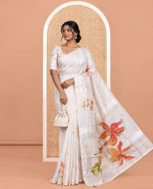 Borderless Cream Semi-Tussar Saree Features Zari Stripes and Floral Print, a Self-Pallu, Matching Blouse