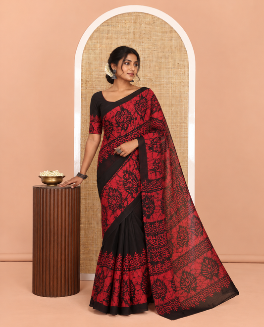 Black-Red Plain 60gm Georgette Saree, Double-Sided Batik Printed Border, Batik Printed Pallu, and a Matching Blouse