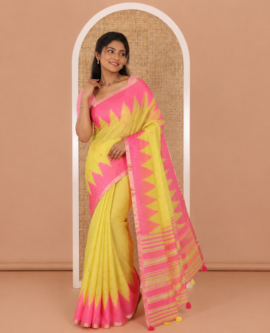 Lemon yellow small thread buttas linen cotton saree, contrast temple zari piping border, striped pallu and a contrast blouse