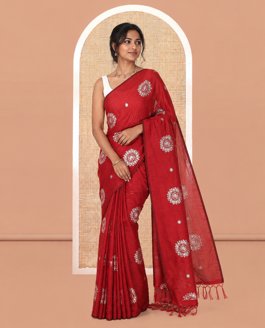Borderless Maroon Vichitra Silk Saree, Enriched with Circle Buttas, a Self-Pallu, and No Blouse
