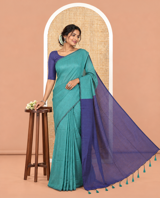 Borderless Rama-Navy Blue Plain Khadi Cotton Saree
