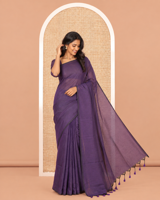 Borderless Dark Violet Plain Khadi Cotton Saree
