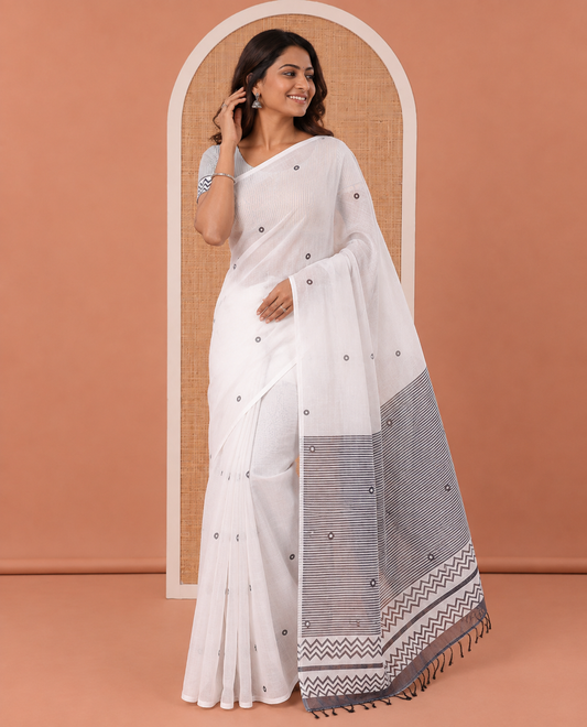 Borderless White Linen Cotton Saree, Adorned with Polka Dot Print, Contrast Geometric Printed Pallu, and Paired with a Contrast Blouse