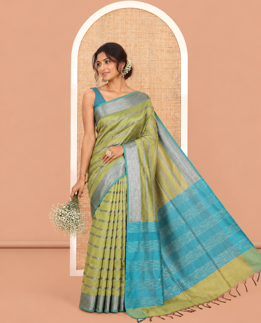 Green Zari-Striped Semi-Raw Silk Saree, a Contrast Zari Border, Intricate Pallu, and Contrast Blouse