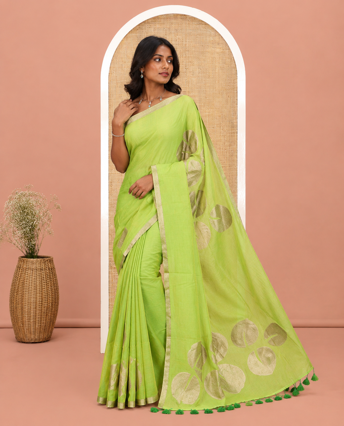Parrot Green Khadi Mul Cotton Saree Features Floral Motifs Glitter-Print, a Piping Border, and a Matching Blouse