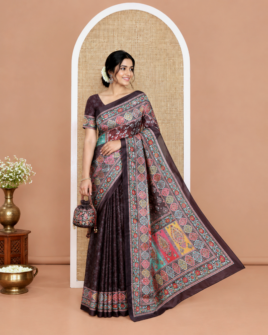 Black-Red Masakali Saree, Embellished with Kaleidoscopic-Colored Floral-Geometric Mughal-Themed Motifs Print, and Mirror Work All Over Its Body, Printed Border, Intricately Printed Mirror Work Pallu, and Paired with a Matching Blouse