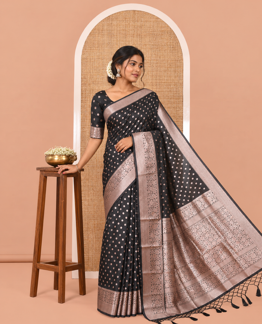Black Elite Soft Silk Saree, Elevated with Rudraksham Zari Buttas, Traditional Zari Border, Rich Pallu, and a Matching Blouse