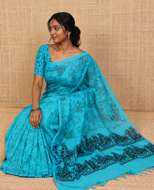 Borderless Rama South Cotton Saree Features Traditional Village-Theme Print, and a Matching Blouse