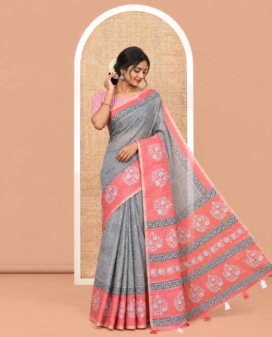 Black-Tomato Pink Linen Cotton Saree