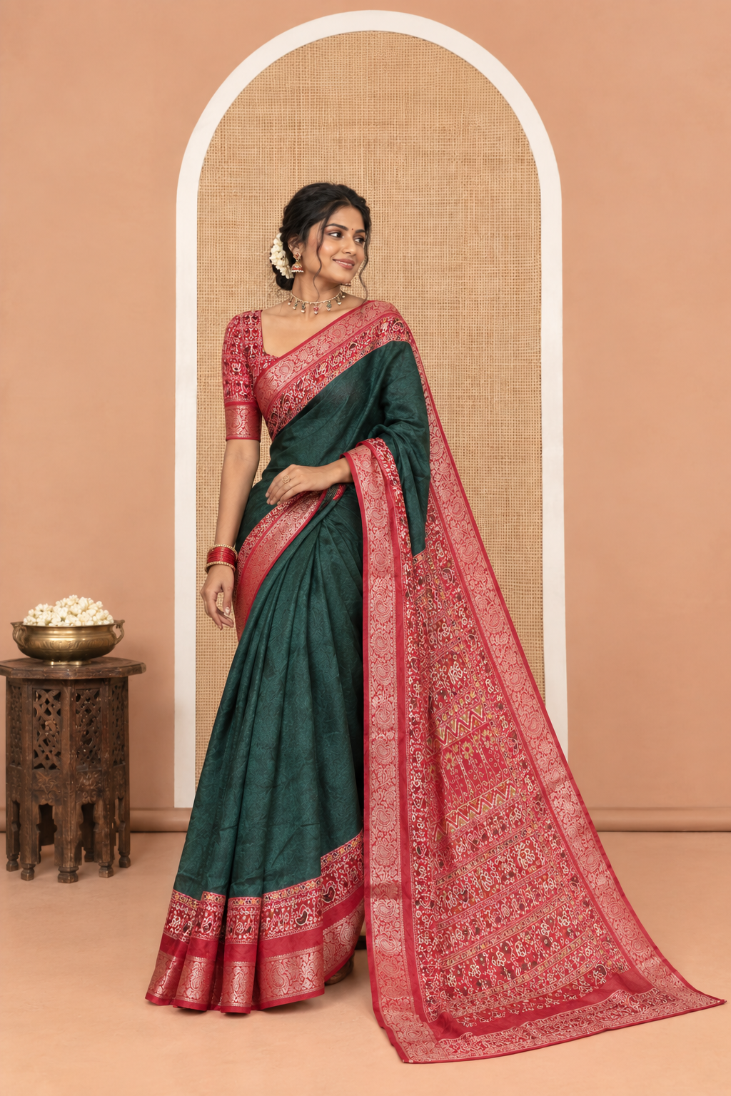 Green Embossed Moss Chiffon Saree, Complemented by a Contrast Traditional Zari Patola Printed Border, Patola Pallu, and a Contrast Blouse