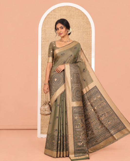 Mehenti Satin Silk Saree, Adorned with Warli Motif Print, Highlighted by Warli Printed Zari Border, Warli-Village Palllu, and a Matching Blouse