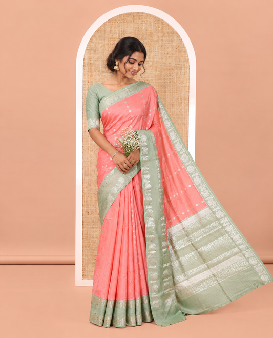 Peach-Colored Green Mango-Silk Saree, Enthralled with Floral Zari Buttas All Over Its Body, Complemented by a Contrast Meenakari-Zari Floral Design Border, Pallu of Floral Jaal Designs, and Paired with a Contrast Blouse