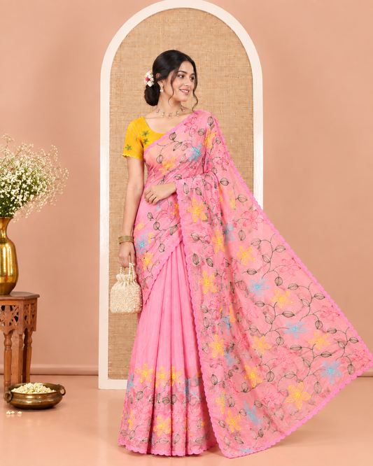 Pink Rangoli Chiffon Saree, Prettified with Multi-Color Floral Vine Embroidery on Its Body, Floral Embroidered Pallu, and Contrast Floral Embroidered Blouse
