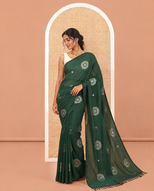 Borderless Bottle Green Vichitra Silk Saree, Enriched with Circle Buttas, a Self-Pallu, and No Blouse
