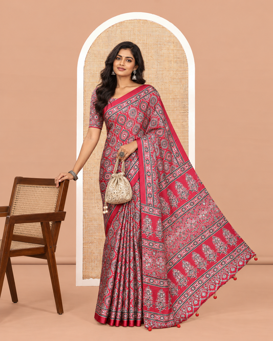 Pink Modal Satin Saree, Adorned with Ajrakh Print, a Self-Printed Border, Ajrakh Pallu, a Matching Blouse
