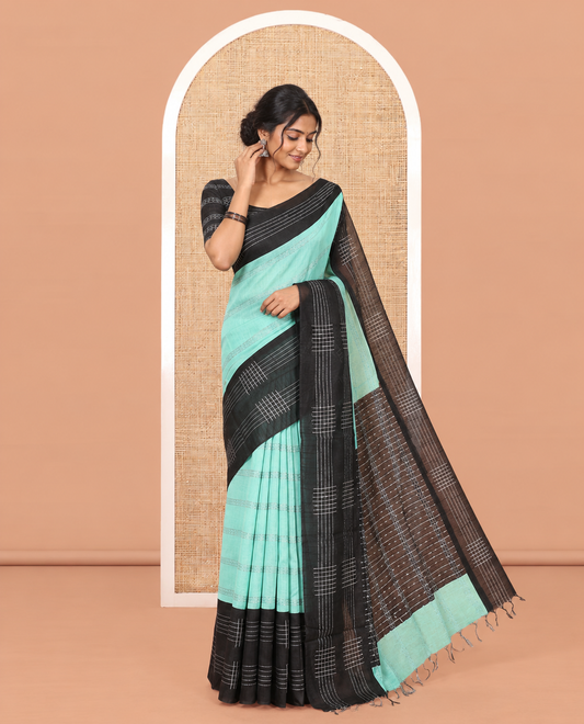 Sea Blue Zari Design Semi-Raw Silk Saree, a Contrast Checked Design Border, a Contrast Pallu, and a Contrast Blouse