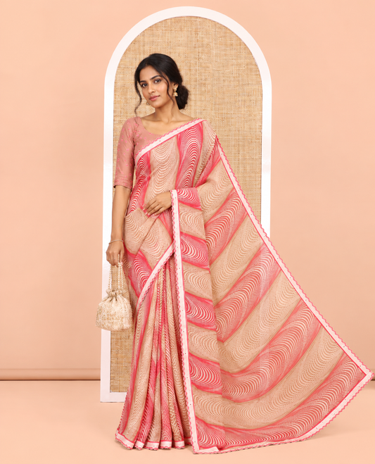 Brown-Red Chiffon Saree, Adorned with Geometric Print, a Lace Border, and a Polka-Dotted Blouse
