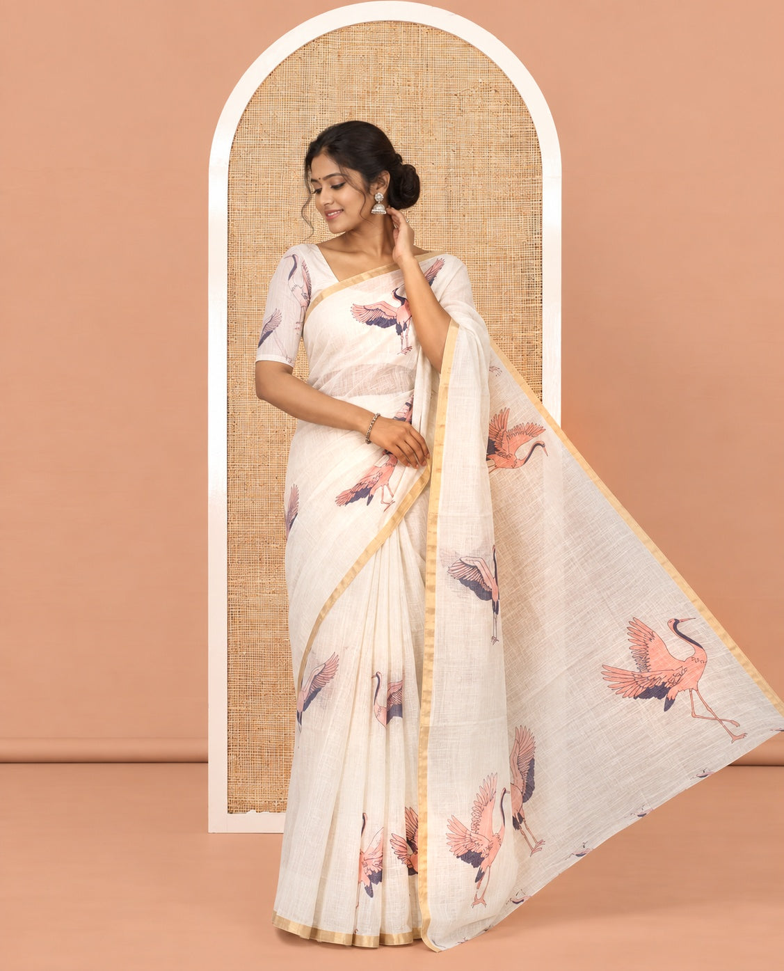 Borderless Cream Linen Cotton Saree, Adorned with Crane Motifs Print, and a Matching Blouse