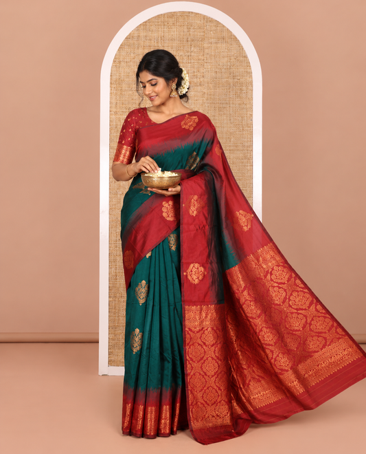 Green floral zari buttas Art silk saree, contrast floral motifs zari woven border, butta enclosed jaal pallu, and a zari design pallu