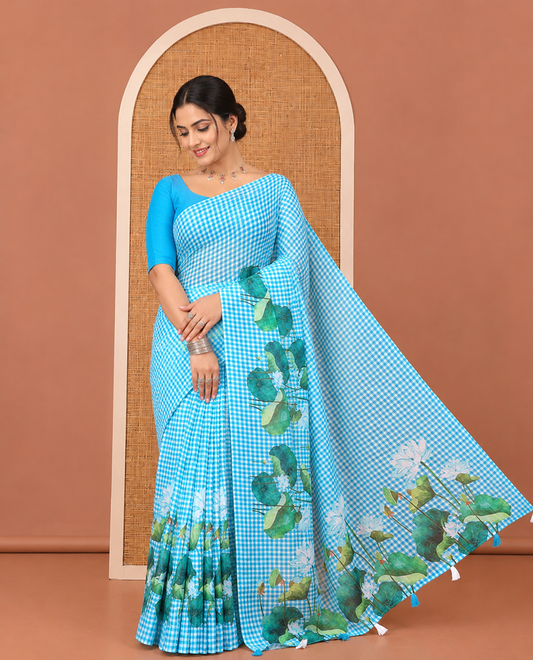 Borderless Blue Linen Cotton Saree, Bedecked with Micro-Checks and Pichwai Lotus Print, a Subtle Pallu, and a Matching Blouse