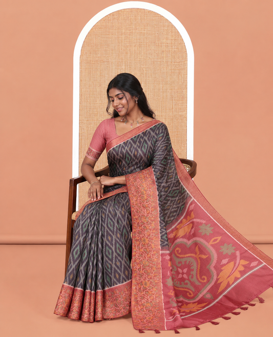 Black Manipuri Silk Saree, Adorned with Pochampally Ikat Designs, a Contrast Floral Printed Border, a Contrast Blouse