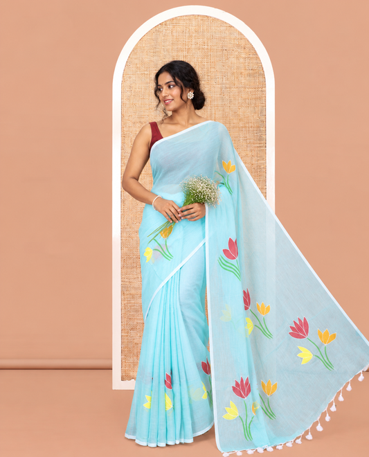 Borderless Sea Green Khadi Mul Cotton Saree