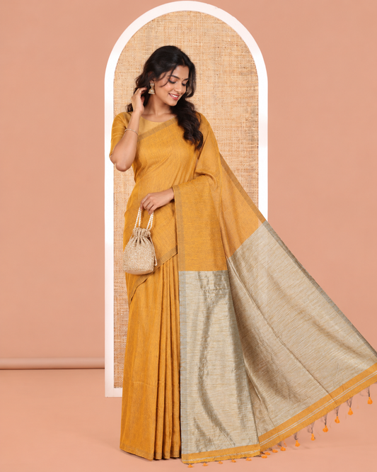 Borderless Mustard Plain Khadi Cotton Saree