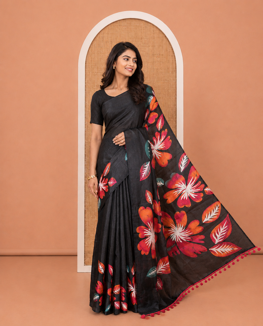 Borderless Black and Pink Khadi Cotton Saree, Colorful Decked Up with Flower Motifs Print on Body and Pallu, and Paired with a Plain Blouse