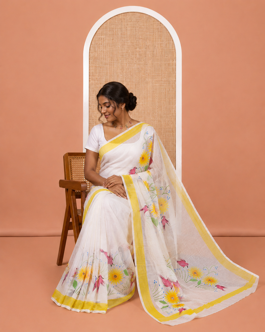 White Kota Doria Saree, Adorned with a Floral-Bird Hand-Brush Painting-Style Print, a Contrast Border, and a Matching Blouse