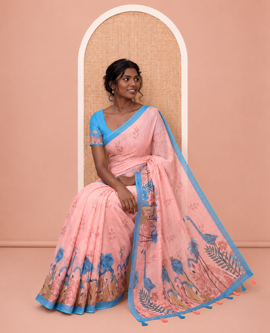 Peach Linen Cotton Saree, Elevated with Floral Crane Motifs Print, a Contrast Border, and a Contrast Blouse